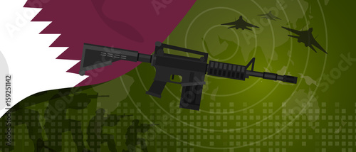 Qatar military power army defense industry war and fight country national celebration with gun soldier jet fighter and radar