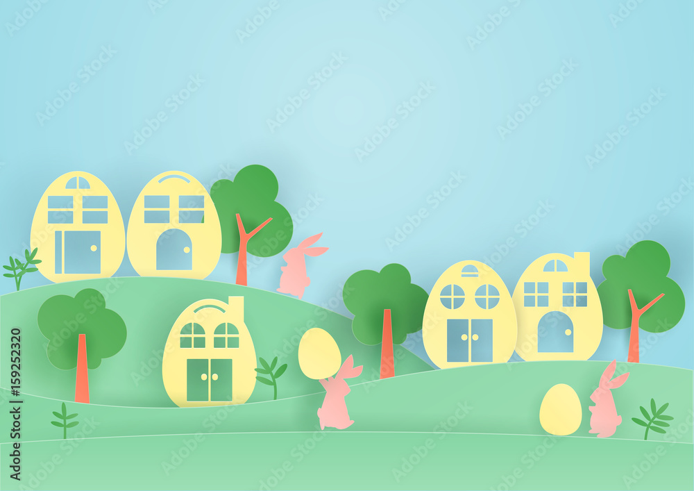 Illustration Of Happy Easter Day Celebration With Pink Funny Rabbit And Egg House, Paper Cut Design