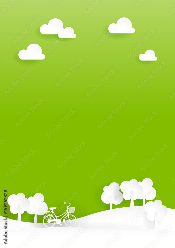 Greenery Nature Scene Of Outdoor Bicycle In Eco Concept And Save The World, Paper Cut Design Greenery Nature Scene Of Outdoor Bicycle In Eco Concept And Save The World, Paper Cut Design