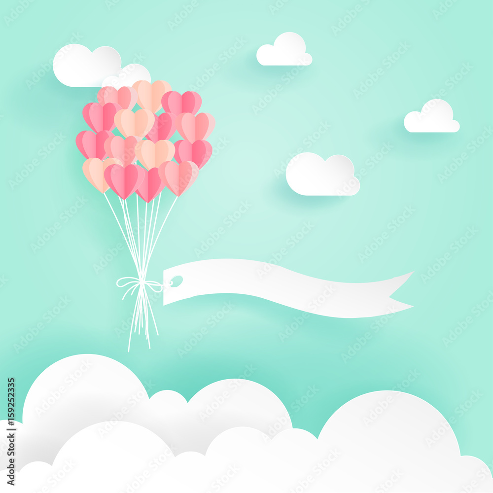 Illustration Of Colorful Pastel Heart Shape Balloons Above The Sky With White Tag, Paper Art Style