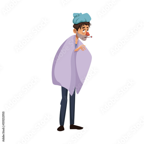 young man with a thermometer in his mouth wrapped in blanket vector illustration photo