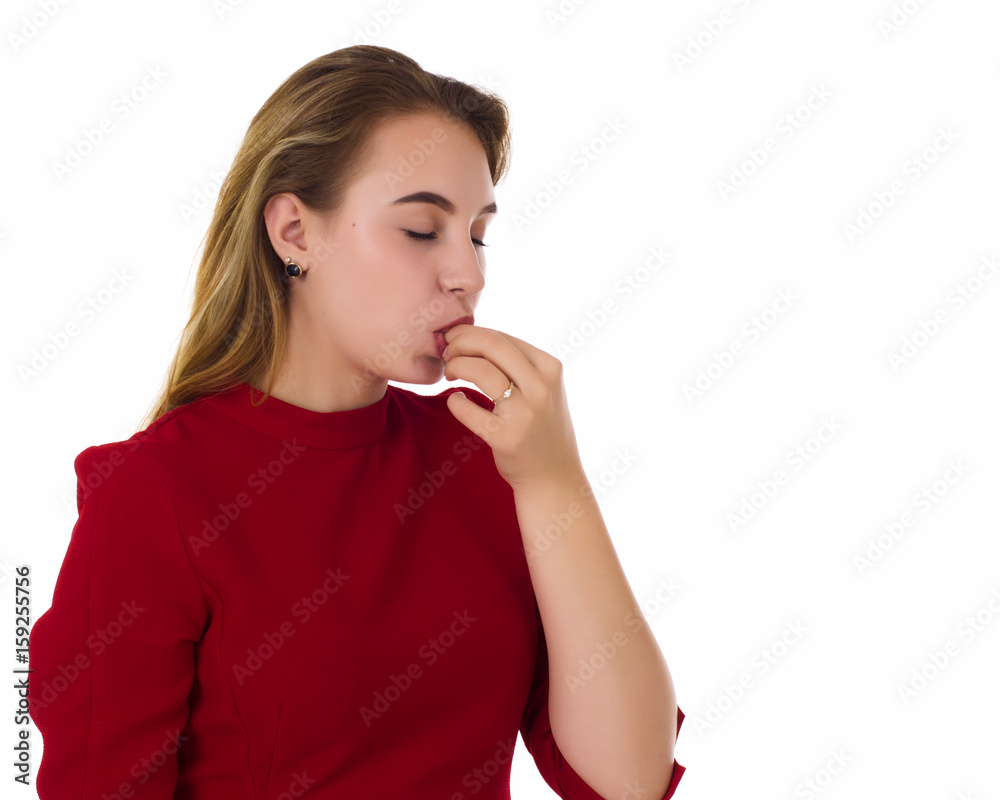 Young pretty woman, pill, white background Young pretty woman, pill, white background