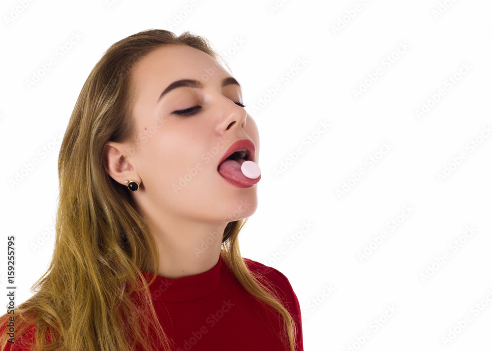 Young pretty woman, pill, white background Young pretty woman, pill, white background