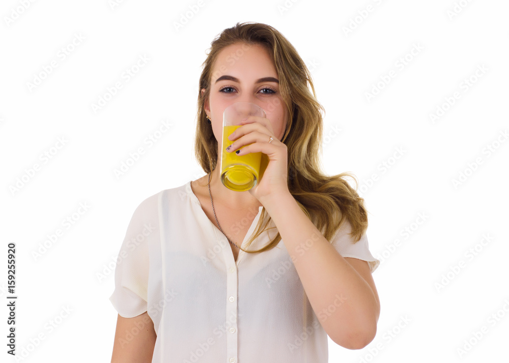 Young pretty girl, orange juice, white background Young pretty girl, orange juice, white background