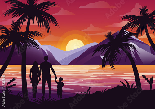 Vector illustration of family silhouette with mother, father and kid on the beach under the palm tree on sunset background and mountains in flat style.