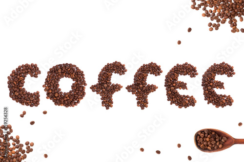 Word of coffee beans on white background