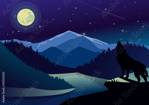Vector landscape illustration with mountains and forests in night time. Wolf on the top of mountain howling at the moon on background of river view, dark sky and stars.