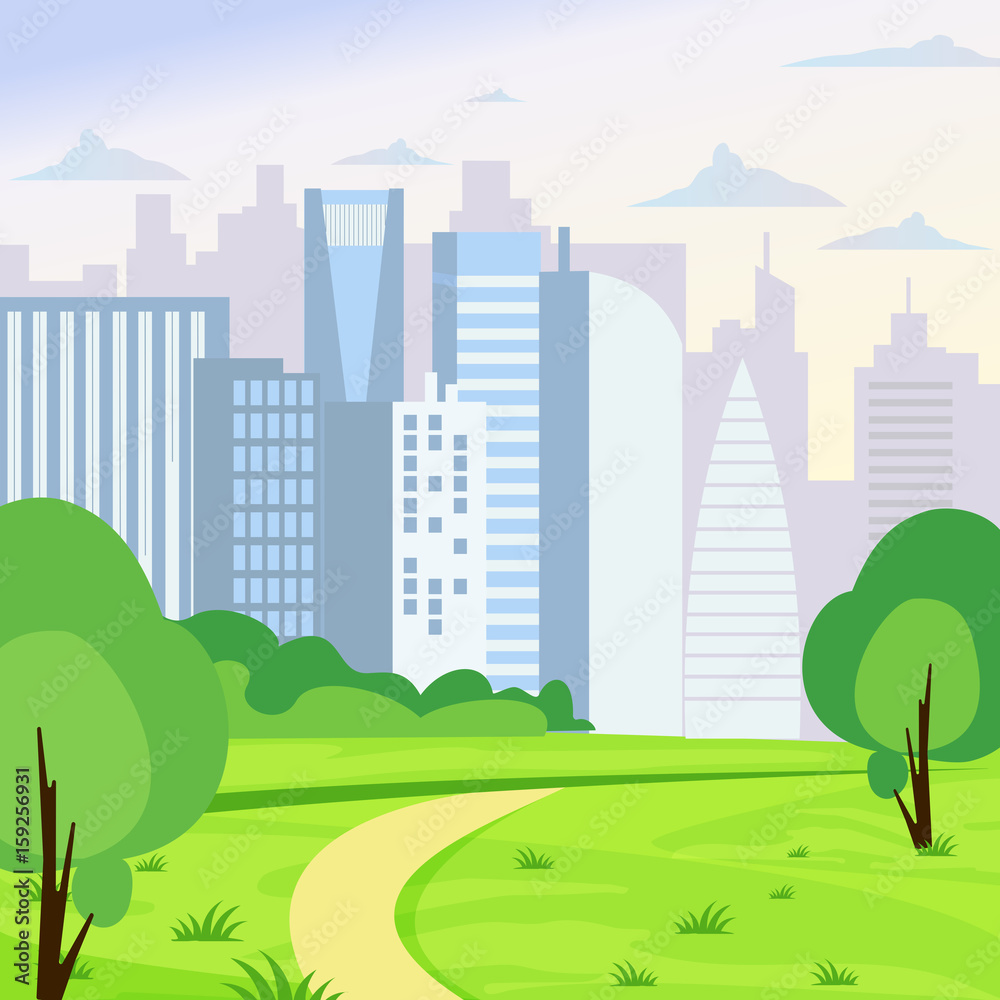 Vector illustration of green park landscape on big business city