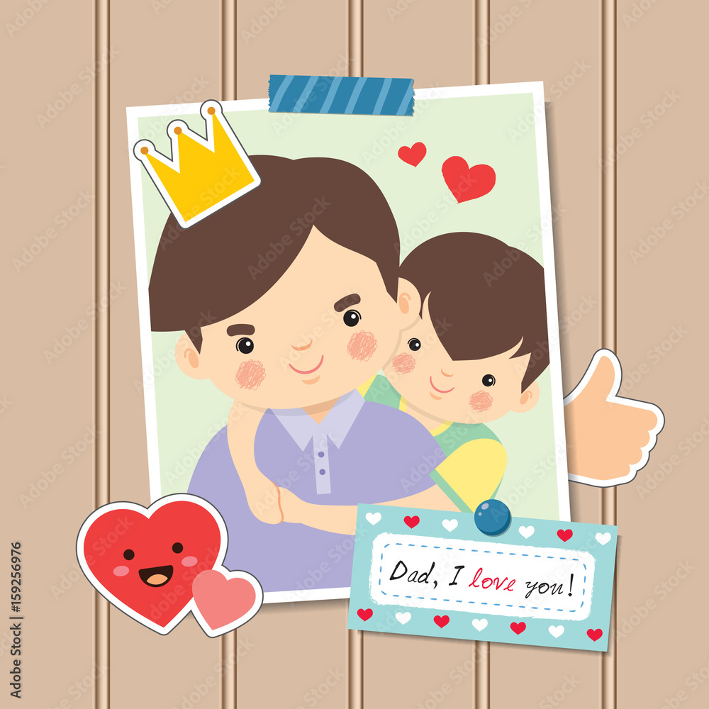 Happy Father's Day. Photo of cartoon father and son hugging together. Photo  frame decorated with stickers and memo written 