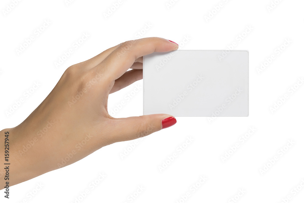 Business card concept : Woman and hold blank business card isolate on white background with copy space , clipping path include Business card concept : Woman and hold blank business card isolate on white background with copy space , clipping path include