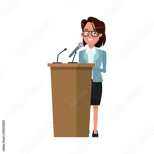 Politician woman standing behind rostrum and giving a speech. Vector flat style colorful illustration