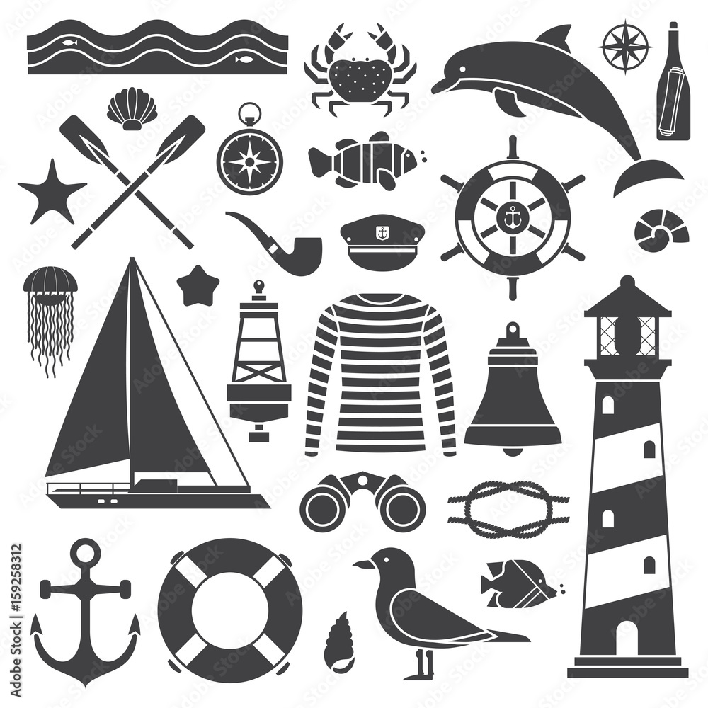Sea travel icon set. Nautical vector elements collection. Marine