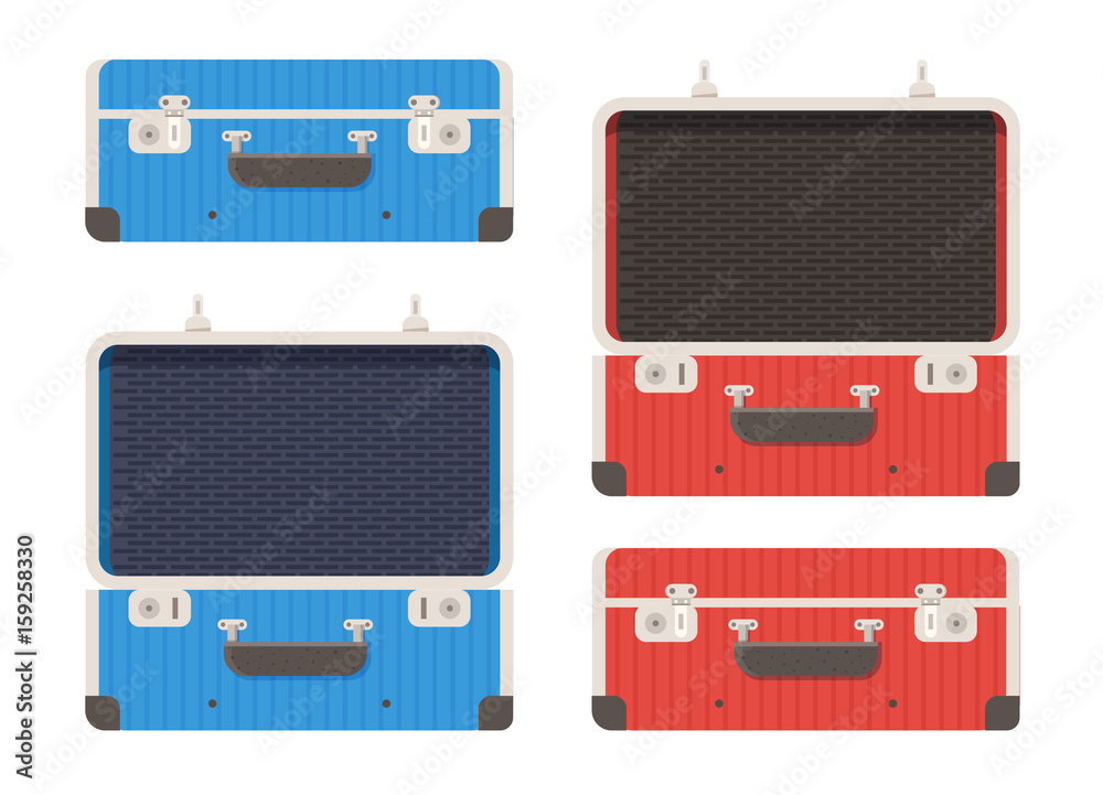 Closed and open briefcase or luggage bag. Travel suitcase isolated on white background. Red and blue suit case vector illustration in flat design.