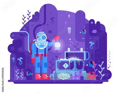 Retro diver standing on seabed in underwater world finding open gold chest. Sea treasure hunting vector illustration. Deep diving concept scene with aqualunger in old scuba dive suit on coral reef.