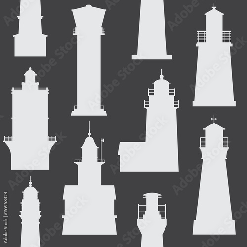 Silhouette lighthouse pattern. Different sea guiding light houses seamless background. Sea pharos or beacon  maritime backdrop in black and white. Searchlight tower of various types in outline design.