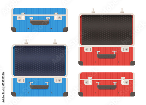 Obraz na płótnie Closed and open briefcase or luggage bag. Travel suitcase isolated on white background. Red and blue suit case vector illustration in flat design. w salonie