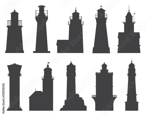 Lighthouse silhouette set. Different sea guiding light houses buildings. Sea pharos or beacon collection isolated on white background. Searchlight tower icons of various types in outline design.