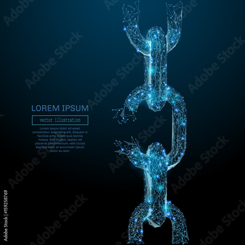Polygonal Broken tearing chain. Breaks the chain business Vector mesh spheres from flying debris. Thin line concept. Blue structure style illustration photo