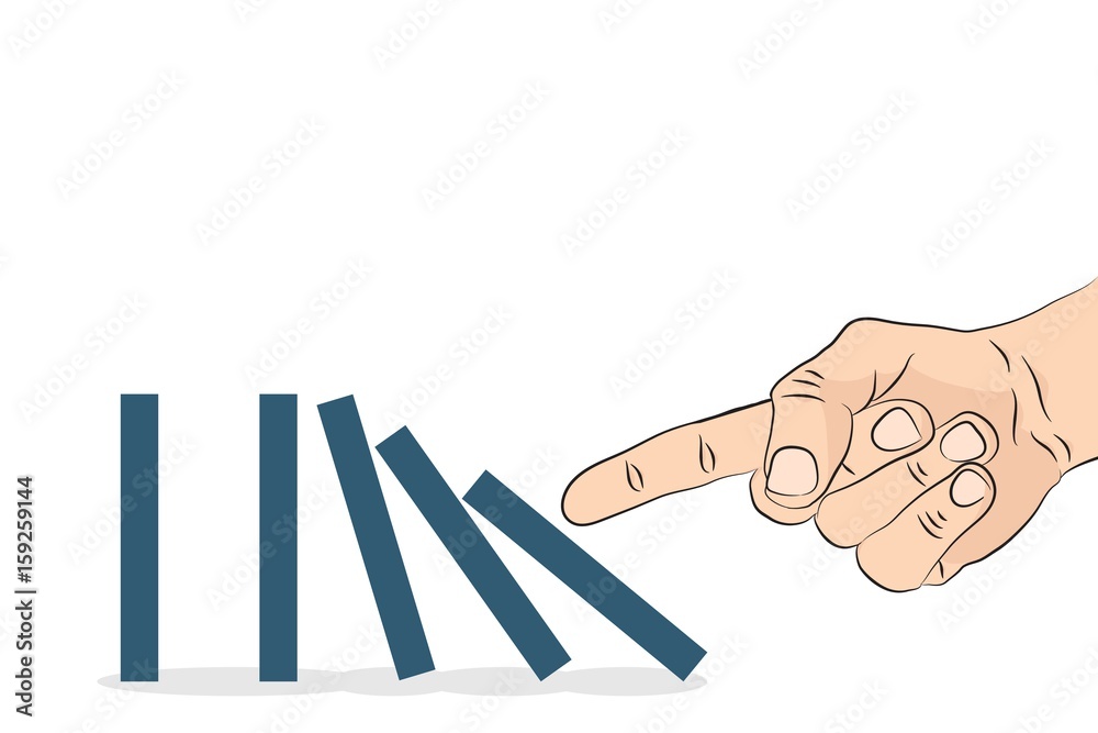 Domino effect. Hand pushing the domino. Vector illustration. - obrazy, fototapety, plakaty 
