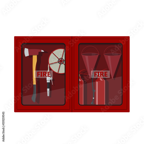 Fire hose cabinet on white background. Box with firefighter's equipment: axe, extinguisher, hose and bucket