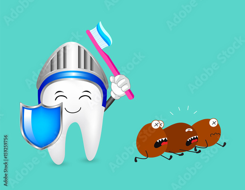 Cute cartoon tooth character with shield, head protection and toothbrush with toothpaste. Attacking bacteria, Dental care concept, illustration isolated on green background.
