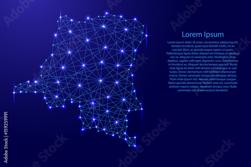 Map of Democratic Republic of Congo from polygonal blue lines and glowing stars vector illustration