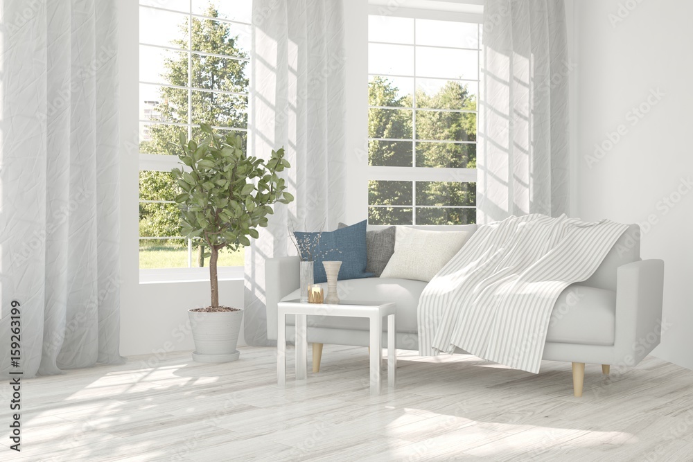 Fototapeta premium White room with sofa and green landscape in window. Scandinavian interior design. 3D illustration