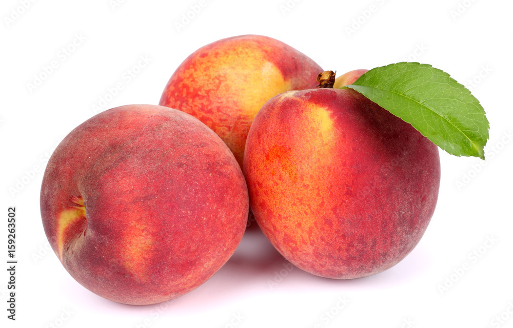 Peach. Fruit with green leaf isolated on white background Peach. Fruit with green leaf isolated on white background