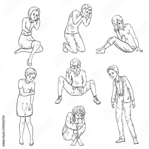 People with depressed emotions in different poses. Vector illustration in sketch style