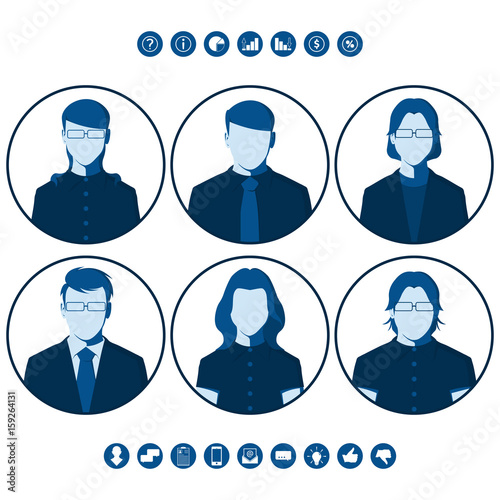 Flat silhouettes of business people for user profile picture. Round icons with male and female portraits. Set of vector avatars.