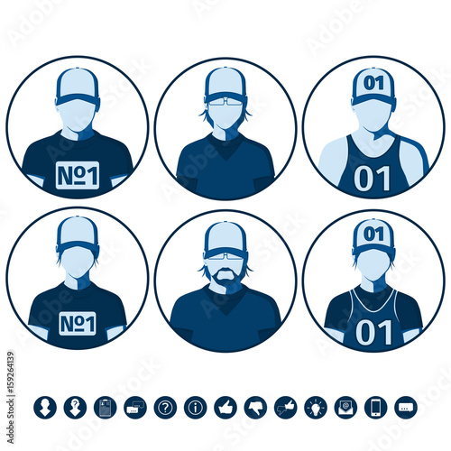 Male and female avatars of sports people. Set of icons with silhouettes of men and women for user profile picture. Flat vector illustration.