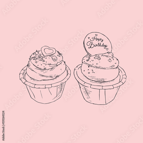 Birthday cupcakes party , sketch vector.