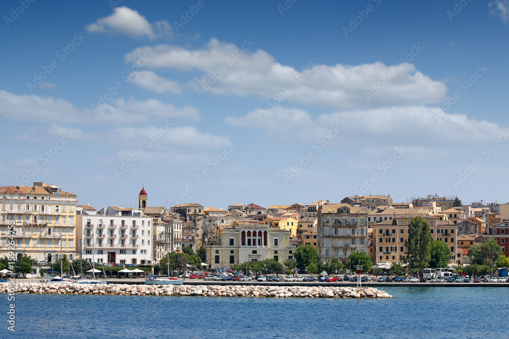 Corfu town old buildings cityscape summer season