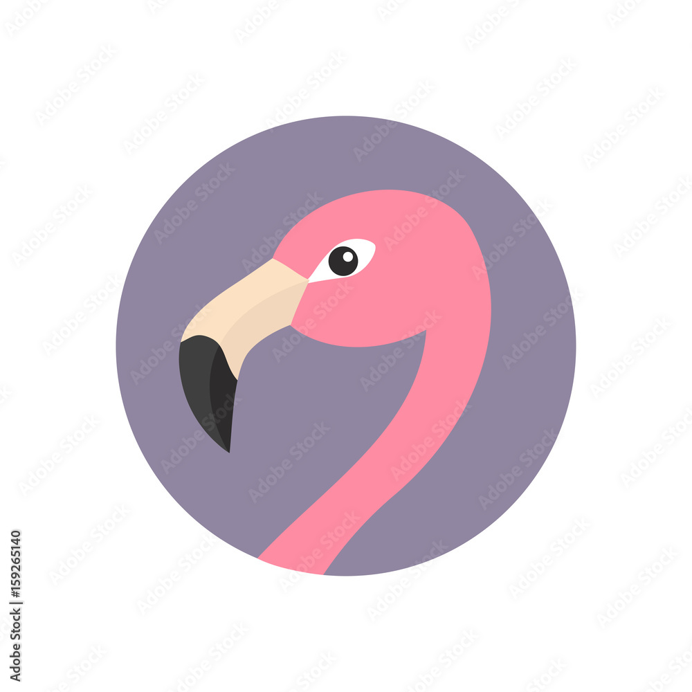 Fototapeta premium Pink flamingo head face with long neck. Round circle icon. Exotic tropical bird. Zoo animal collection. Cute cartoon character. Decoration element. Flat design. White background. Isolated.