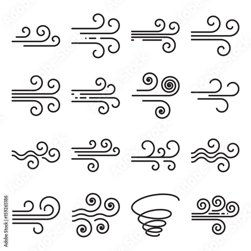 Wind icons. Black line symbols isolated on a white background. Editable stroke. Vector illustration