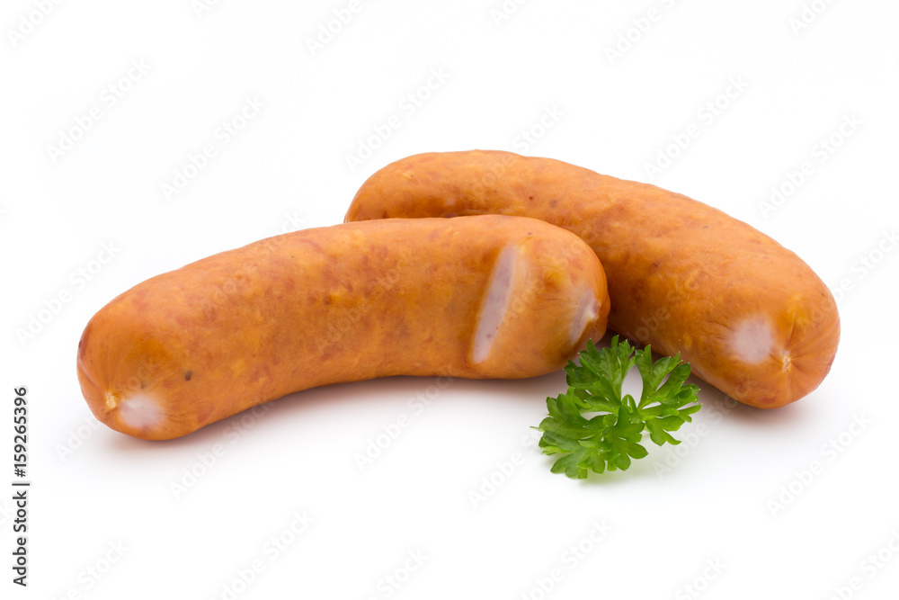 Sausage and spices isolated on white background, fresh delicious frankfurter. Sausage and spices isolated on white background, fresh delicious frankfurter.