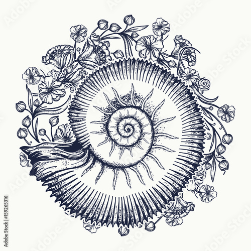 Ammonites and art nouveau flowers tattoo. Symbol of science, paleontology, history, biology, golden ratio. Ancient mollusk t-shirt design