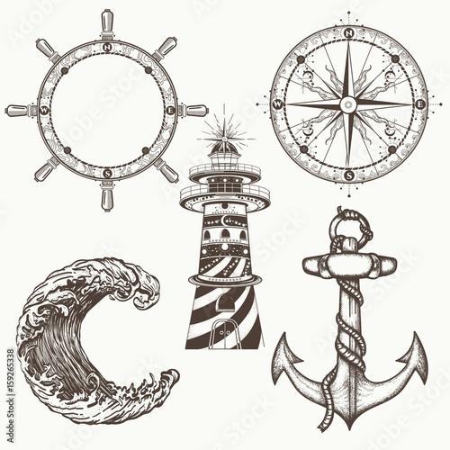 Sea collection vintage elements vector. Anchor, steering wheel, compass, lighthouse, sea wave. Symbols of sea adventure voyage, tourism, outdoor. Hand drawn retro sea set