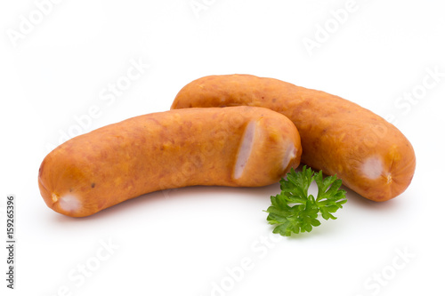 Sausage and spices isolated on white background, fresh delicious frankfurter.