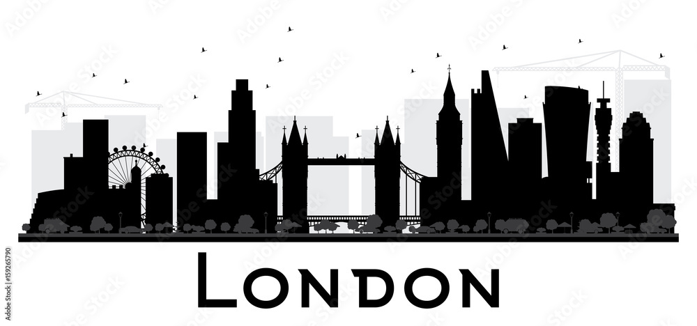 London City skyline black and white silhouette.