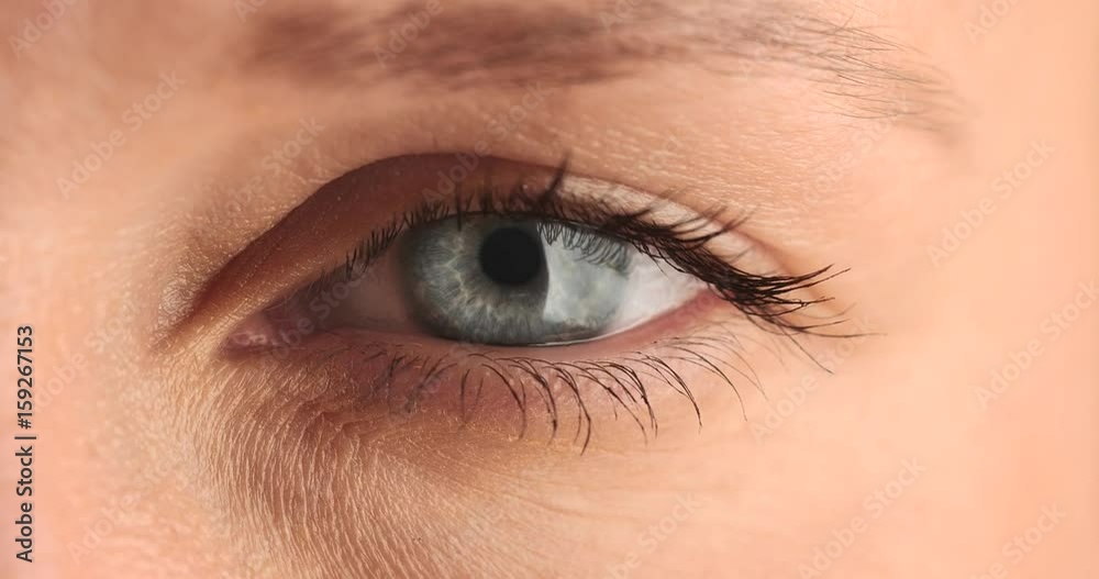 one eye closeup. Blue eye looking at different sides, one eye closeup. Blue eye looking at different sides,