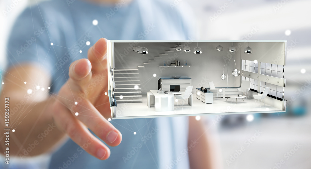 Businessman touching white 3D rendering apartment Businessman touching white 3D rendering apartment