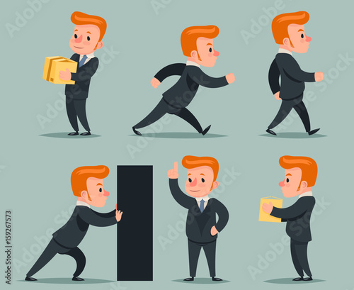 Businessman Character Different Positions and Actions Icons Set Retro Cartoon Design Vector Illustration