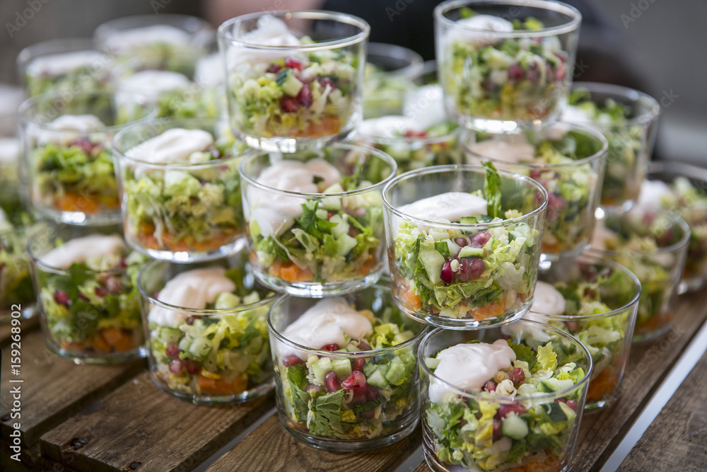 Catering / Salat im Glas mit Dressing Stock Photo | Adobe Stock