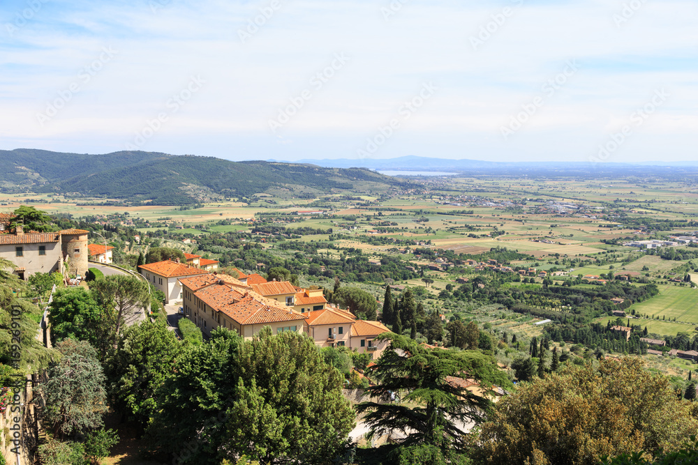 Cortona - view towards southeast part of Val di Chiana, an alluvial valley in Tuscany, reaches Lake Trasimeno 