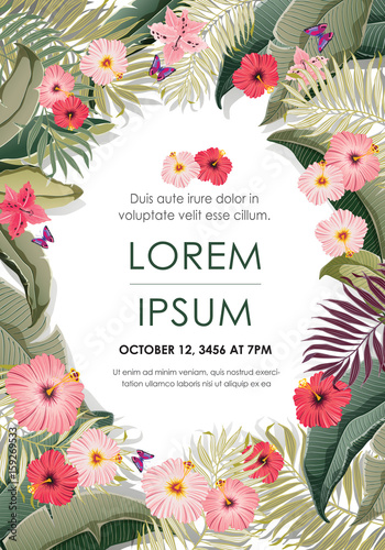  Vector illustration of a tropical frame in summer for Wedding, anniversary, birthday and party. Design for banner, poster, card, invitation and scrapbook 				