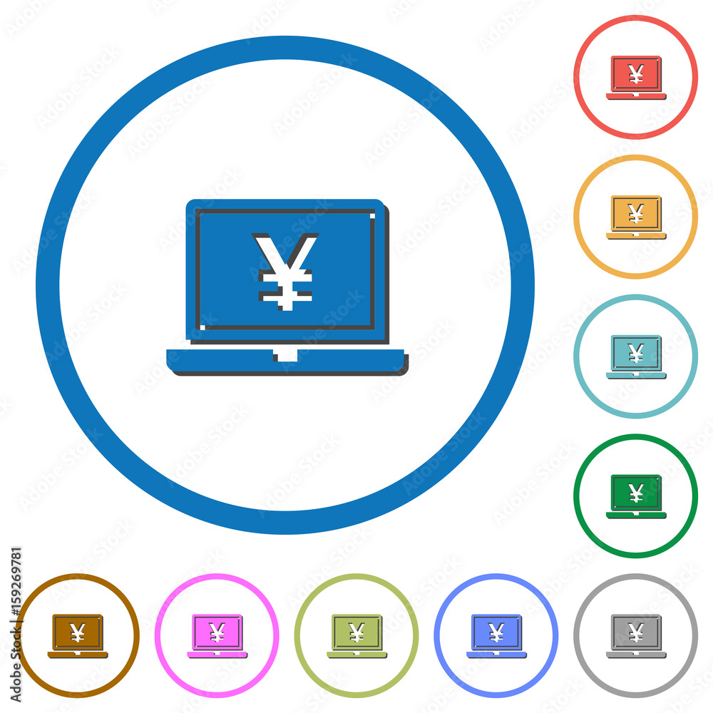 Laptop with yen sign icons with shadows and outlines Laptop with yen sign icons with shadows and outlines