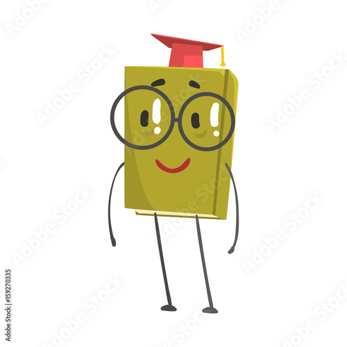 Funny smart green humanized book in a red graduation cap cartoon character vector Illustration