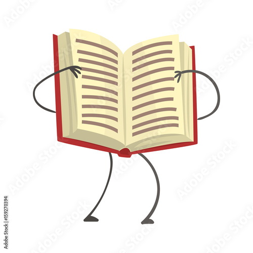 Open humanized cartoon book character with hands and legs vector Illustration