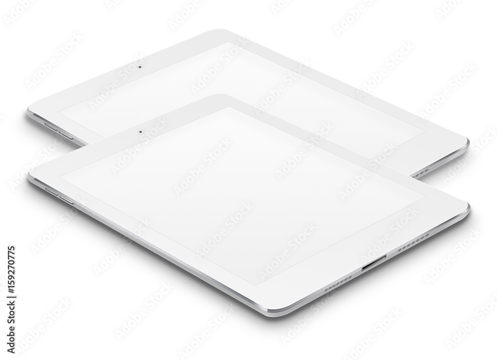 Realistic tablet computers with blank screens isolated on white background. 3D illustration. Realistic tablet computers with blank screens isolated on white background. 3D illustration.